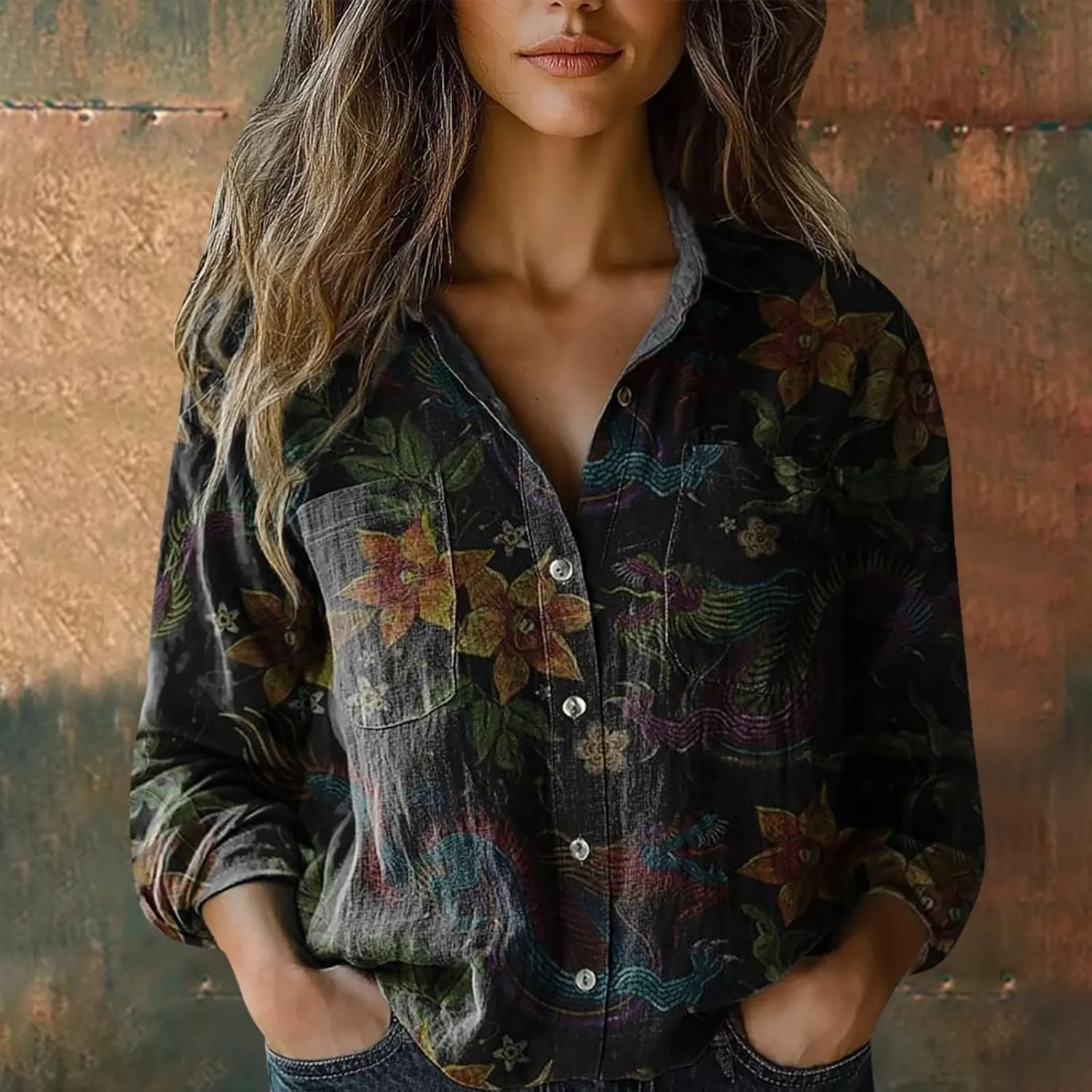 Women's Vintage Floral Print Button Down Shirt Fashion Lightweight Linen Long Sleeve Blouse Boho Ethnic Casual Tops