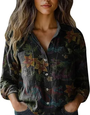 Women's Vintage Floral Print Button Down Shirt Fashion Lightweight Linen Long Sleeve Blouse Boho Ethnic Casual Tops