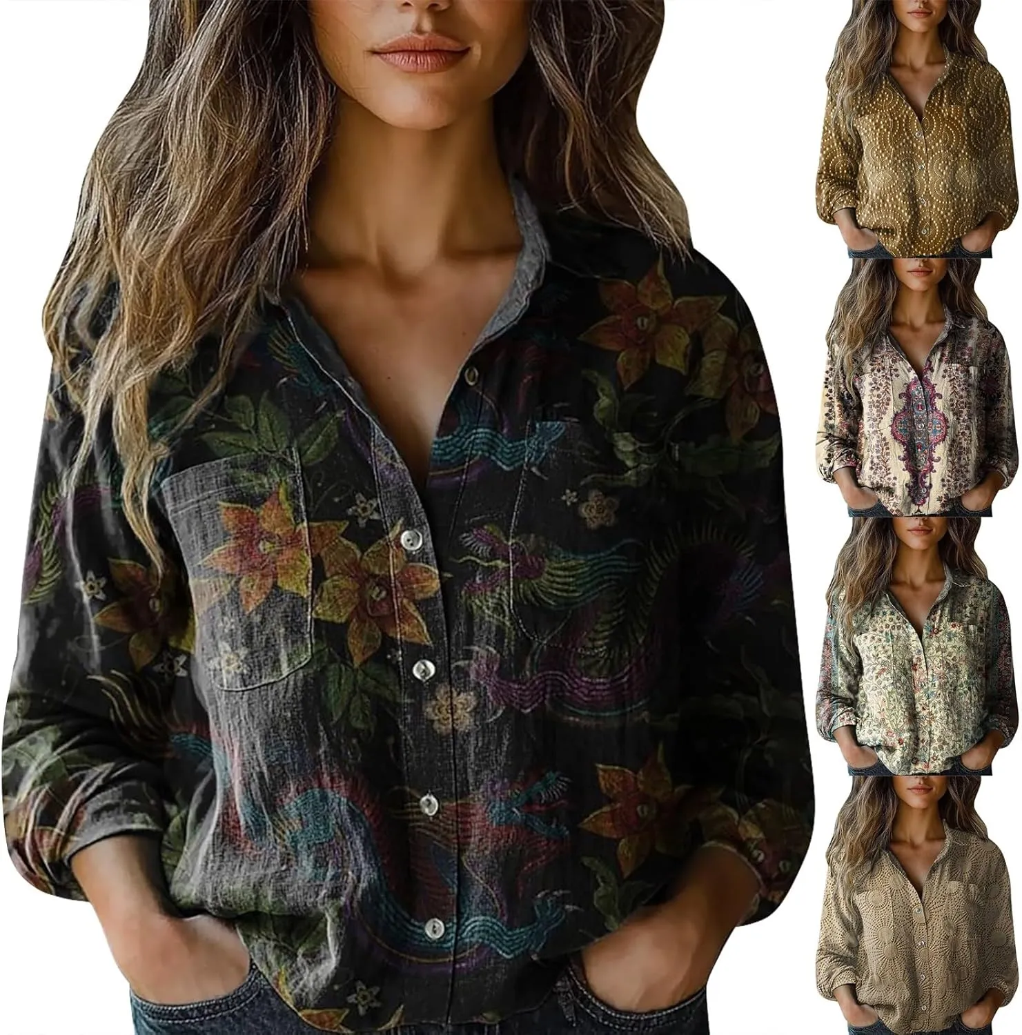 Women's Vintage Floral Print Button Down Shirt Fashion Lightweight Linen Long Sleeve Blouse Boho Ethnic Casual Tops
