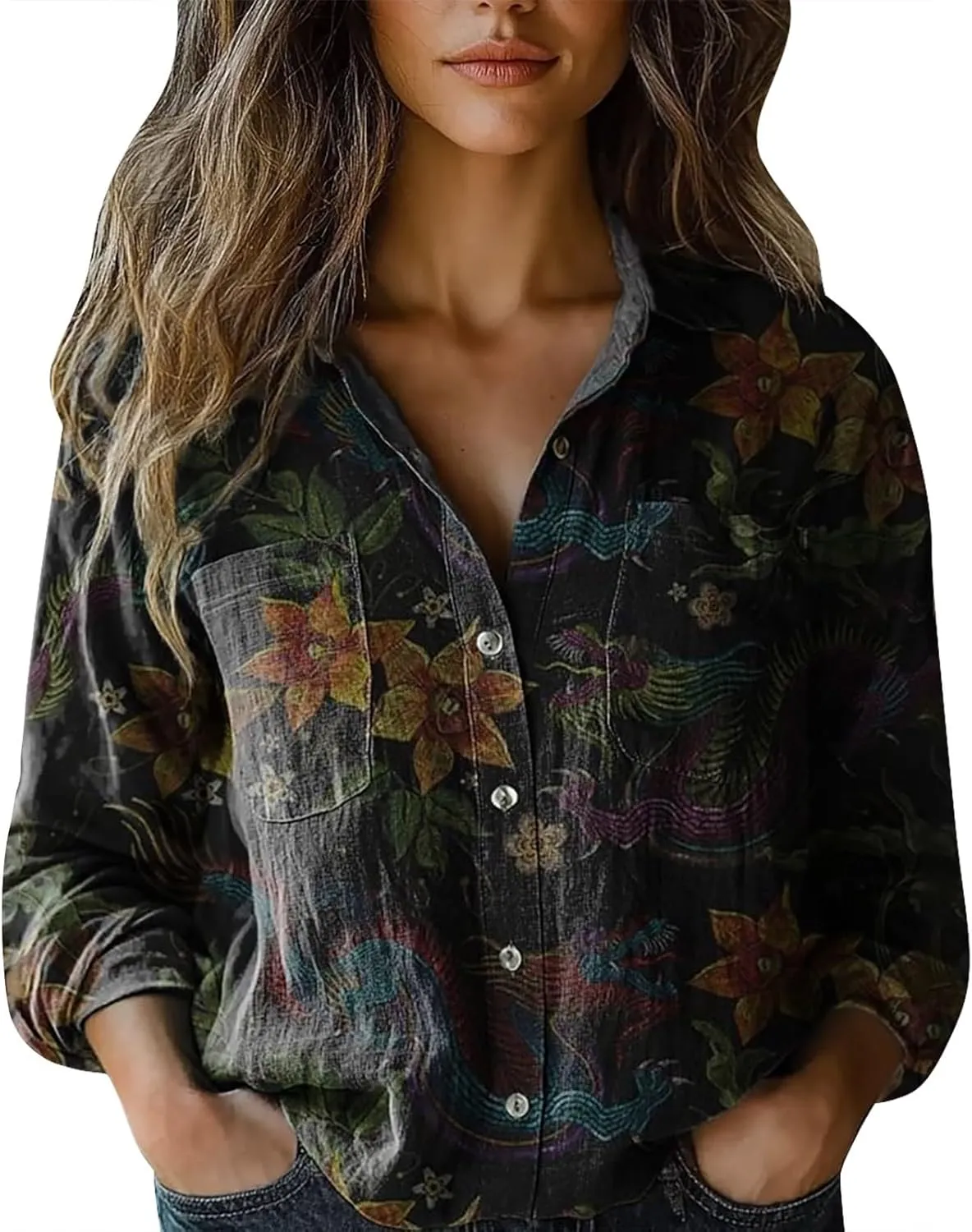 Women's Vintage Floral Print Button Down Shirt Fashion Lightweight Linen Long Sleeve Blouse Boho Ethnic Casual Tops