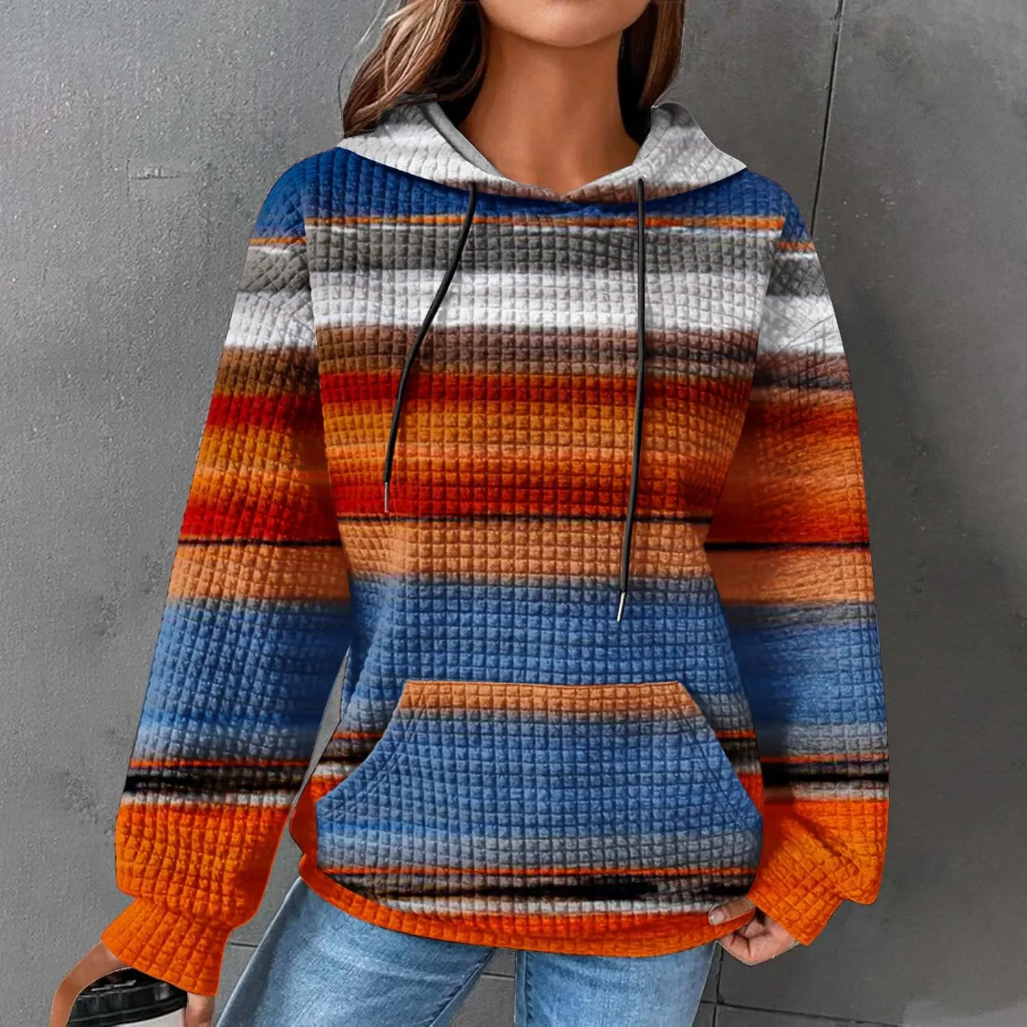 Womens Waffle Knit Trendy Sweatshirt Casual Comfort Hoodie Sweatshirts Drawstring Pullover Tops Preppy Clothes 2024
