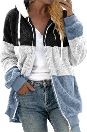 Womens Y2k Tops Zipper Long Sleeve Stitching Coats Color Block Fleece Plush Hooded Jacket Dressy Outerwear