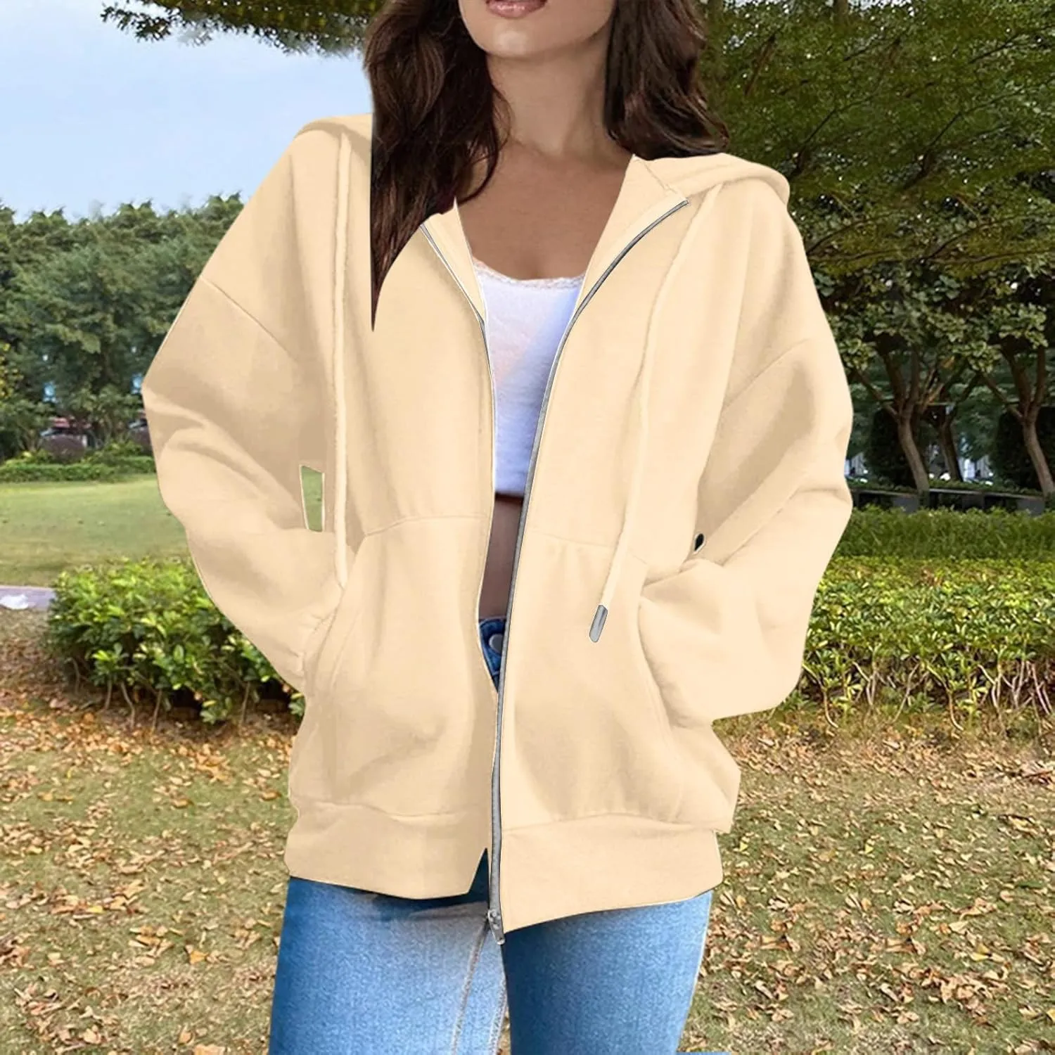 Women's Zip Up Hoodies Casual Fashion Solid Color Long Sleeve Drawstring Pullover Sweatshirt Tops With Pockets