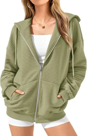 Womens Zip Up Hoodies Y2k Long Sleeve Cute Trendy Fleece Jacket Comfort Loose Fit Oversized Sweatshirt with Pockets