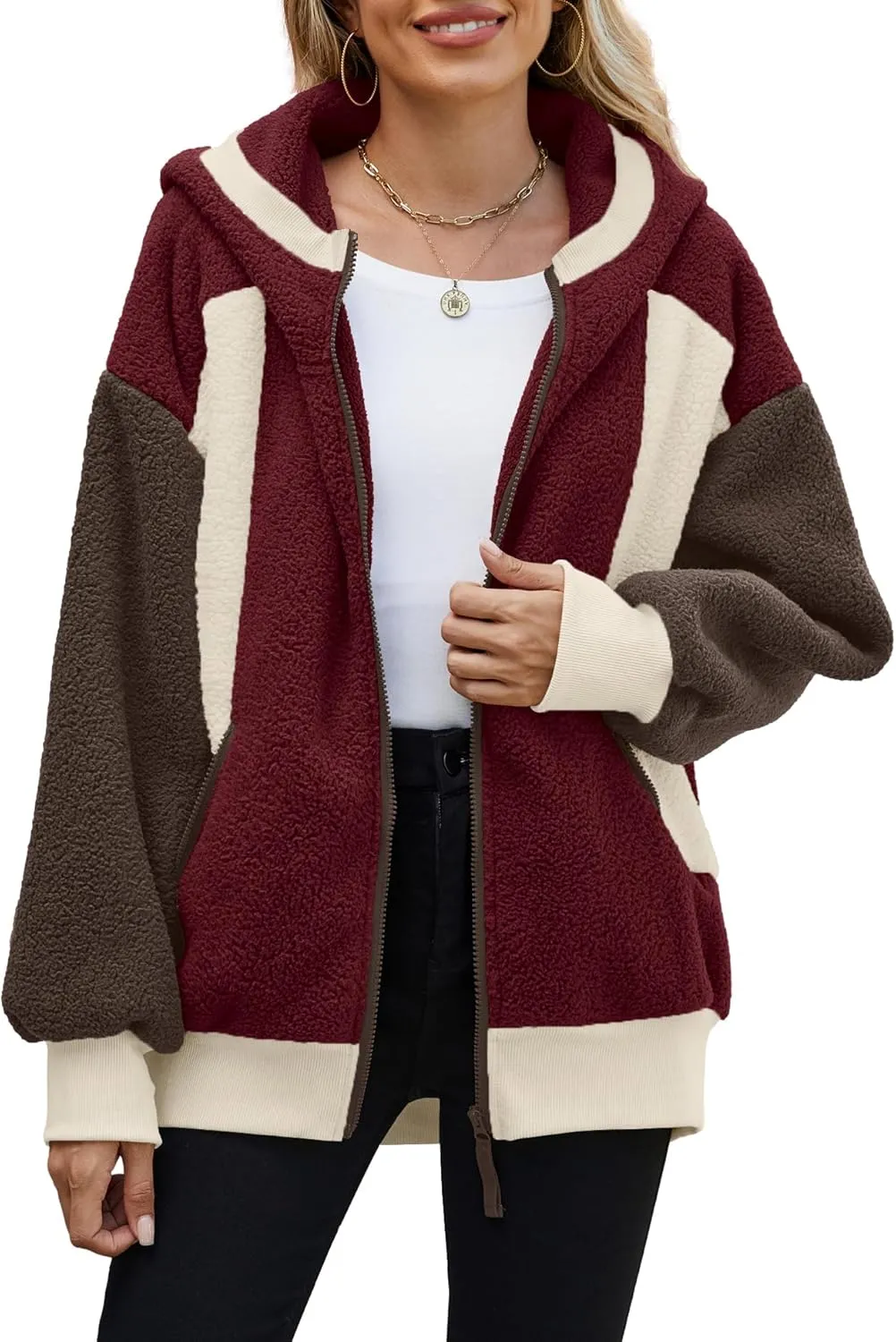 Yanekop Womens Oversized Sherpa Jacket Cozy Color Block Fleece Jacket Fuzzy Zip Up Hoodies Outerwear with Pockets