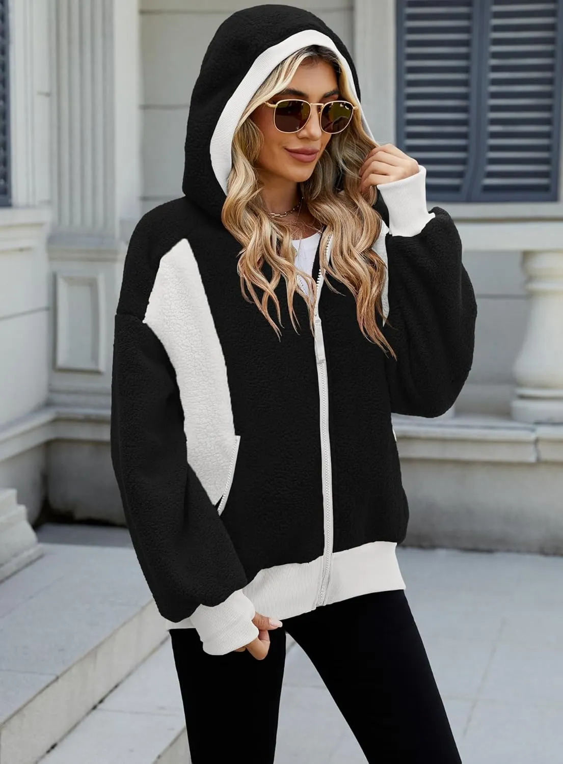 Yanekop Womens Oversized Sherpa Jacket Cozy Color Block Fleece Jacket Fuzzy Zip Up Hoodies Outerwear with Pockets