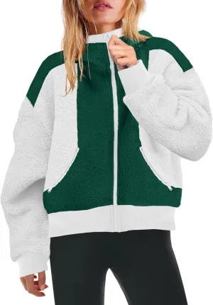 Yanekop Womens Oversized Sherpa Jacket Cozy Color Block Fleece Jacket Fuzzy Zip Up Hoodies Outerwear with Pockets