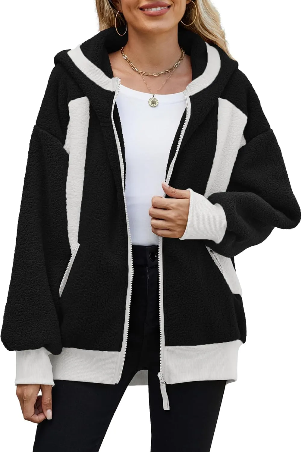 Yanekop Womens Oversized Sherpa Jacket Cozy Color Block Fleece Jacket Fuzzy Zip Up Hoodies Outerwear with Pockets