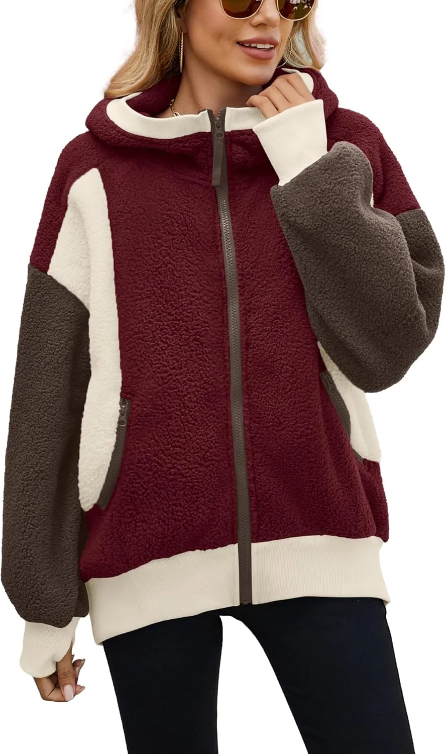 Yanekop Womens Oversized Sherpa Jacket Cozy Color Block Fleece Jacket Fuzzy Zip Up Hoodies Outerwear with Pockets