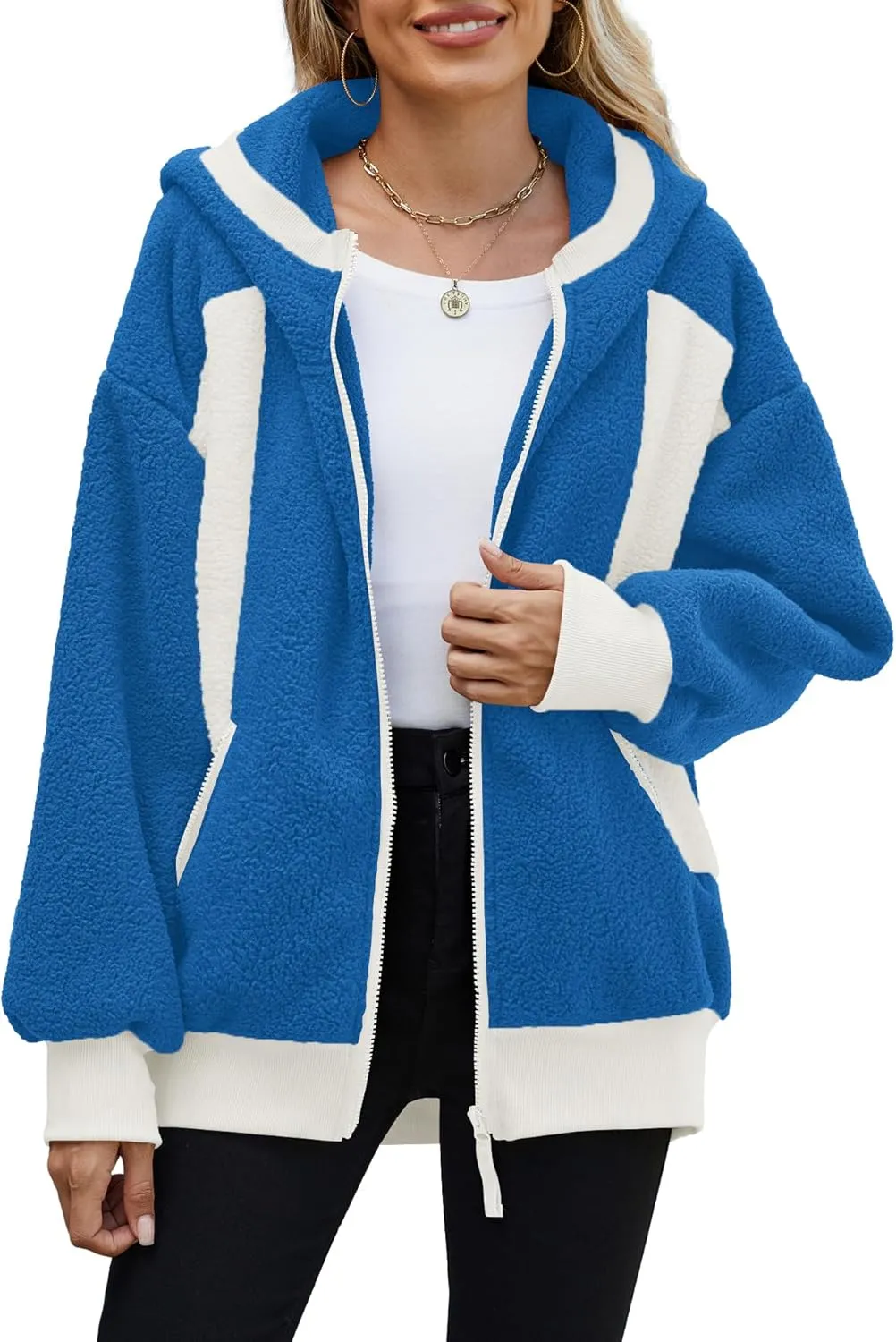 Yanekop Womens Oversized Sherpa Jacket Cozy Color Block Fleece Jacket Fuzzy Zip Up Hoodies Outerwear with Pockets