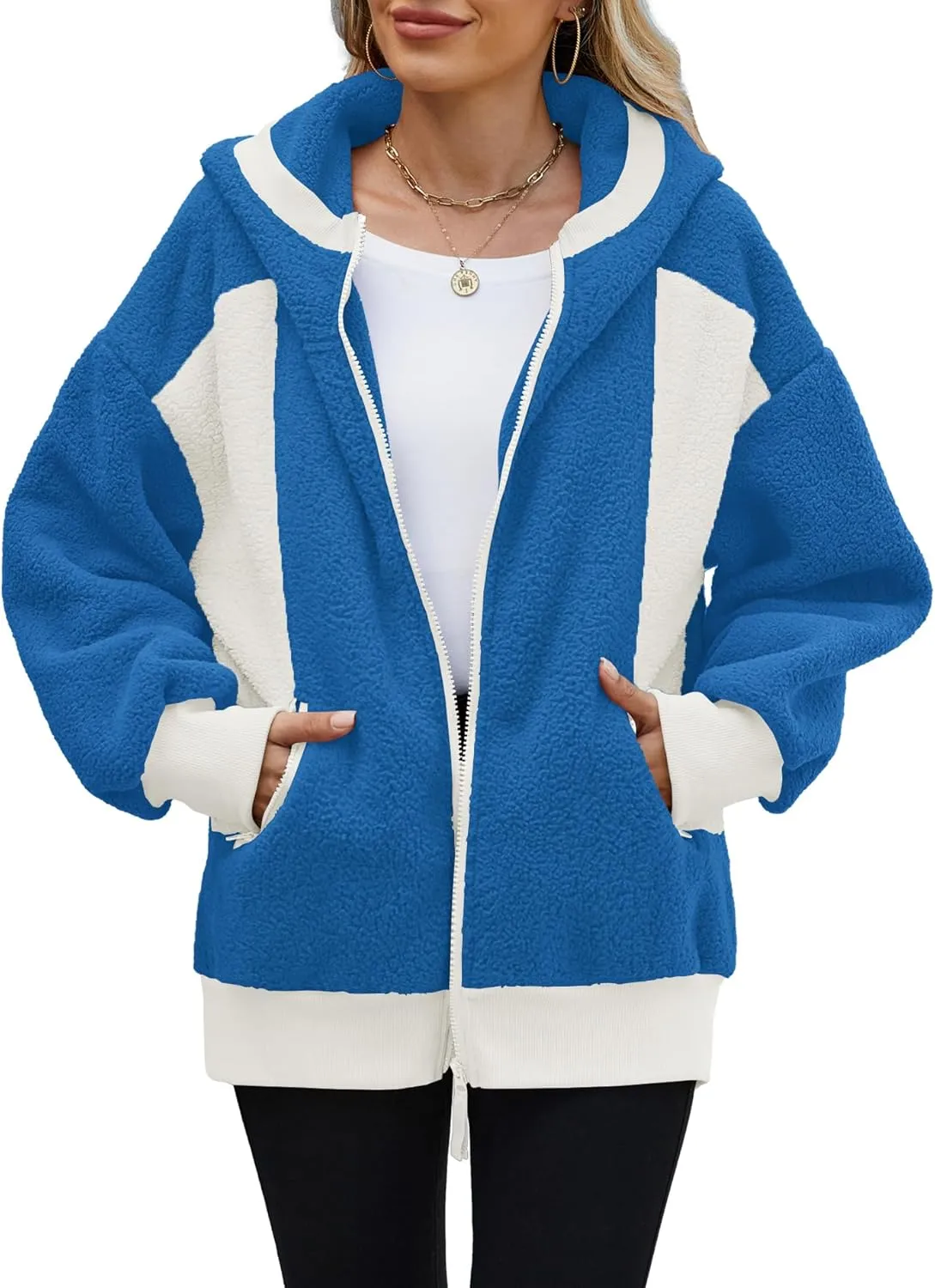 Yanekop Womens Oversized Sherpa Jacket Cozy Color Block Fleece Jacket Fuzzy Zip Up Hoodies Outerwear with Pockets