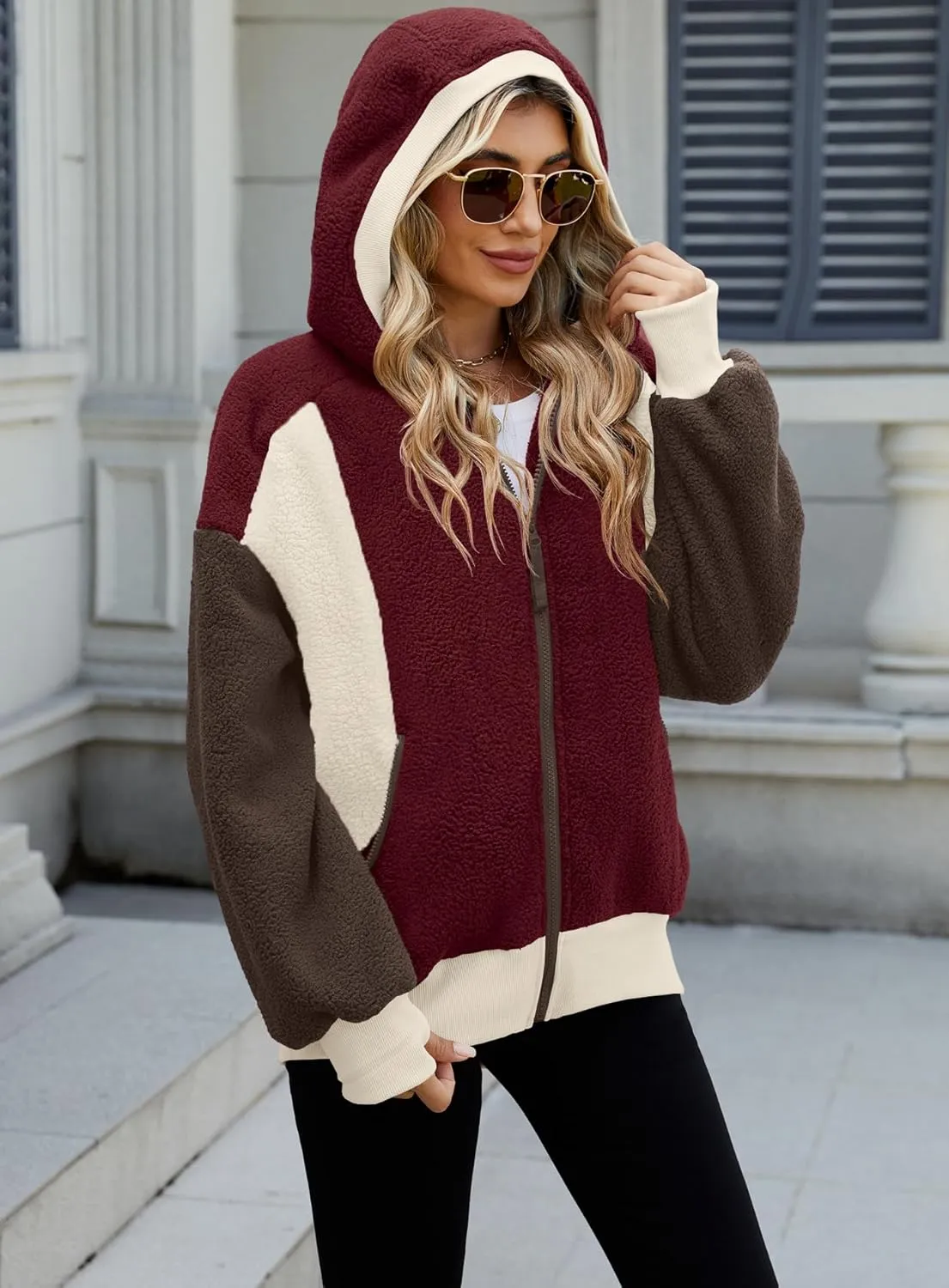 Yanekop Womens Oversized Sherpa Jacket Cozy Color Block Fleece Jacket Fuzzy Zip Up Hoodies Outerwear with Pockets