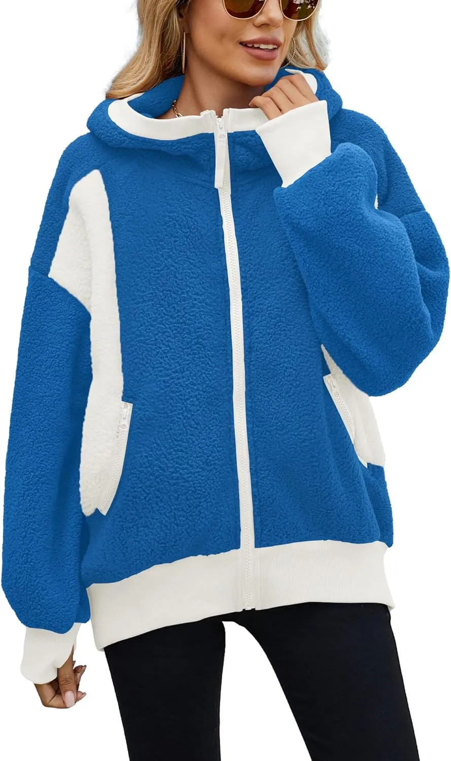 Yanekop Womens Oversized Sherpa Jacket Cozy Color Block Fleece Jacket Fuzzy Zip Up Hoodies Outerwear with Pockets