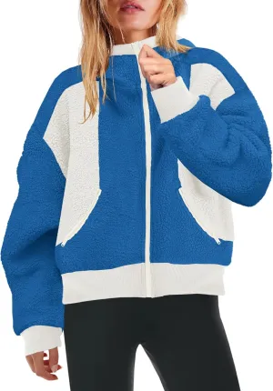 Yanekop Womens Oversized Sherpa Jacket Cozy Color Block Fleece Jacket Fuzzy Zip Up Hoodies Outerwear with Pockets