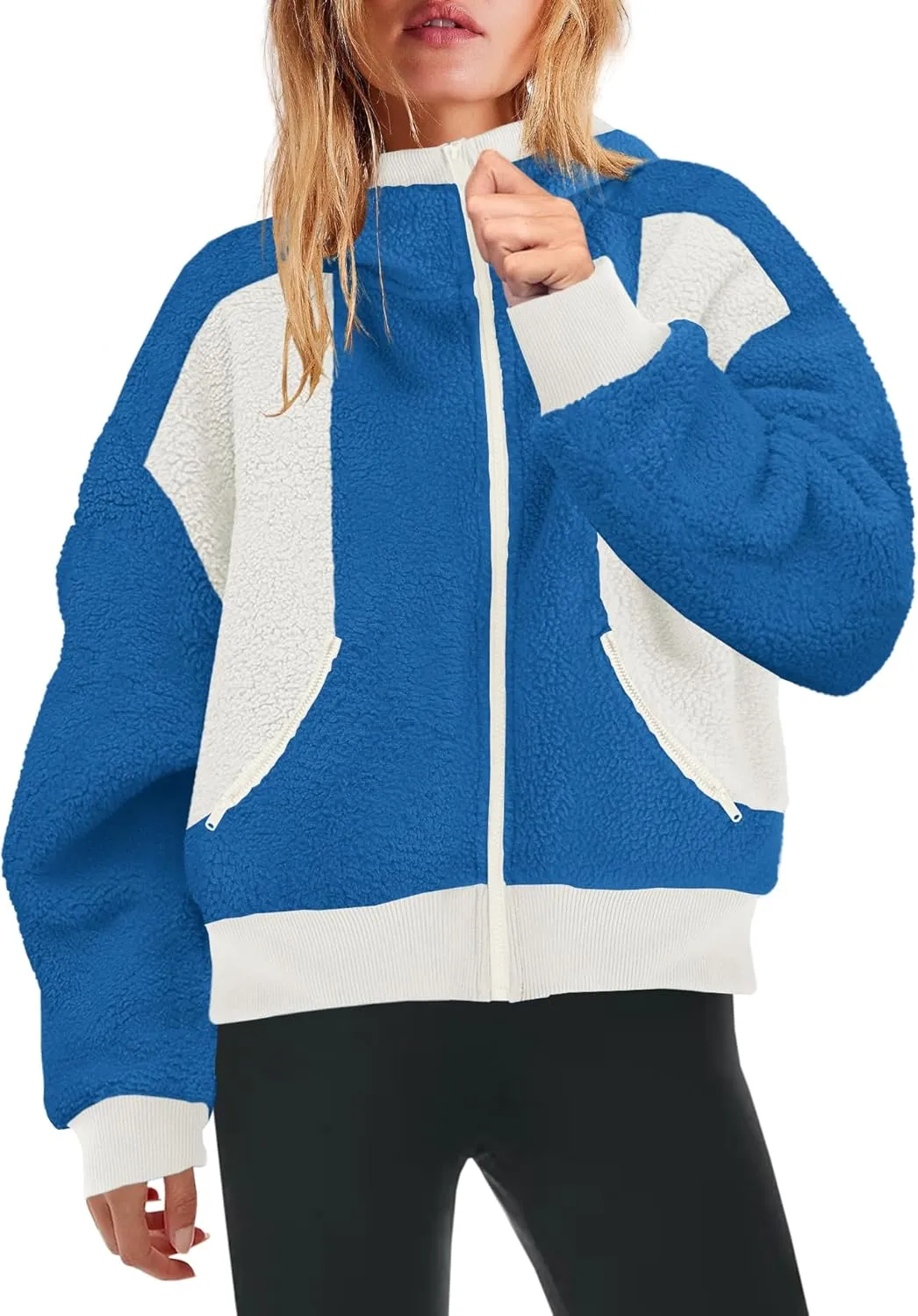 Yanekop Womens Oversized Sherpa Jacket Cozy Color Block Fleece Jacket Fuzzy Zip Up Hoodies Outerwear with Pockets