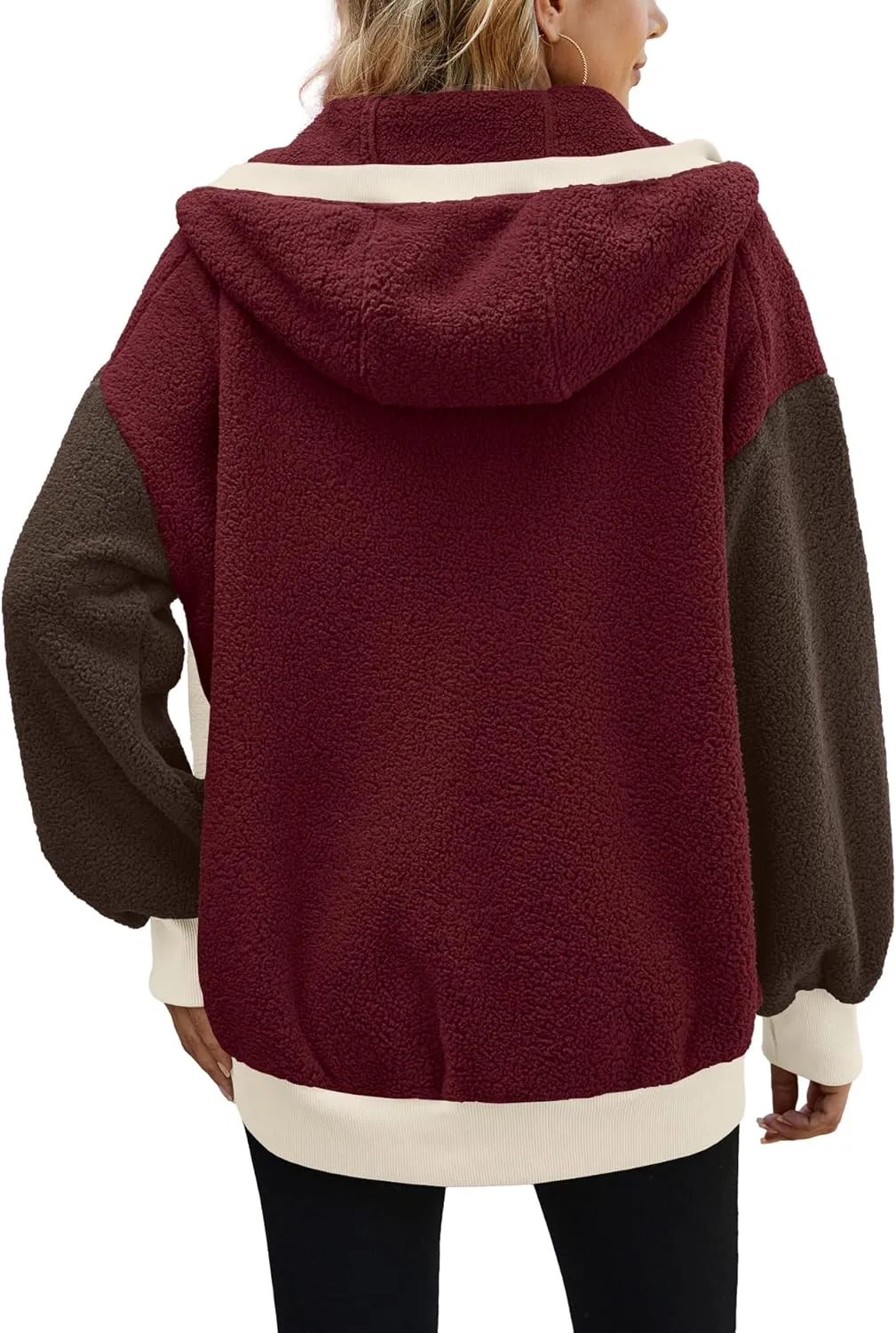 Yanekop Womens Oversized Sherpa Jacket Cozy Color Block Fleece Jacket Fuzzy Zip Up Hoodies Outerwear with Pockets