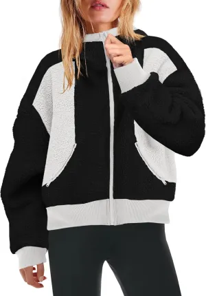Yanekop Womens Oversized Sherpa Jacket Cozy Color Block Fleece Jacket Fuzzy Zip Up Hoodies Outerwear with Pockets
