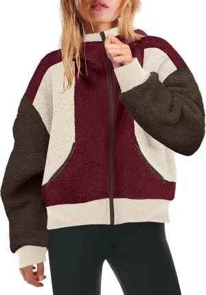 Yanekop Womens Oversized Sherpa Jacket Cozy Color Block Fleece Jacket Fuzzy Zip Up Hoodies Outerwear with Pockets