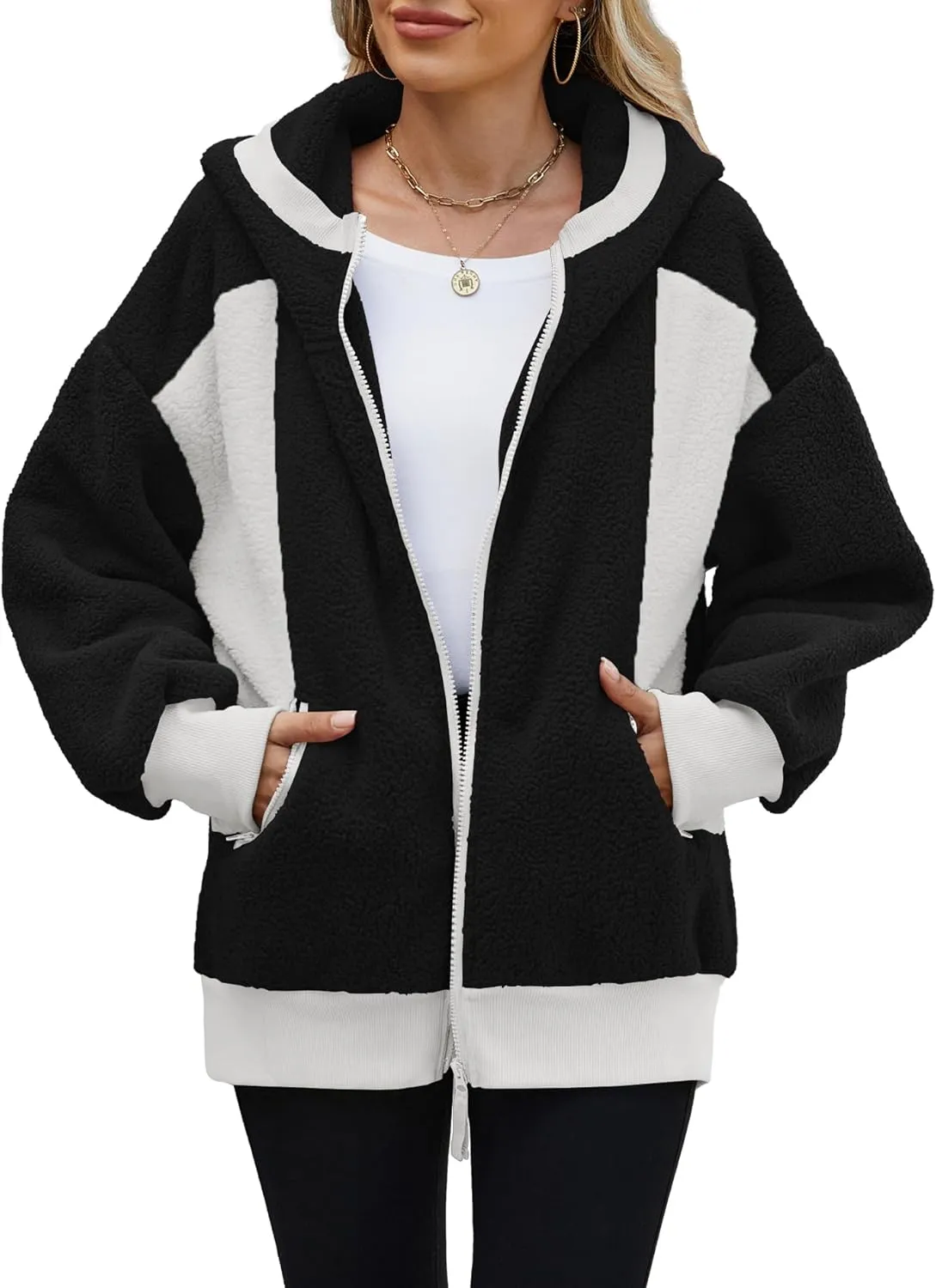 Yanekop Womens Oversized Sherpa Jacket Cozy Color Block Fleece Jacket Fuzzy Zip Up Hoodies Outerwear with Pockets