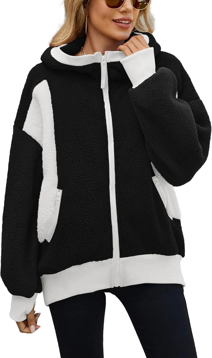 Yanekop Womens Oversized Sherpa Jacket Cozy Color Block Fleece Jacket Fuzzy Zip Up Hoodies Outerwear with Pockets