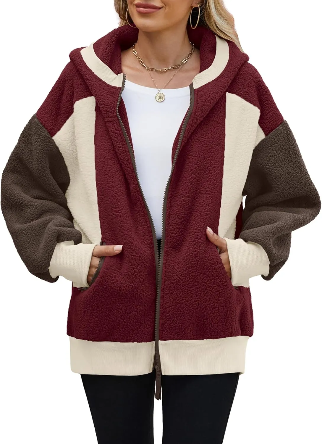 Yanekop Womens Oversized Sherpa Jacket Cozy Color Block Fleece Jacket Fuzzy Zip Up Hoodies Outerwear with Pockets