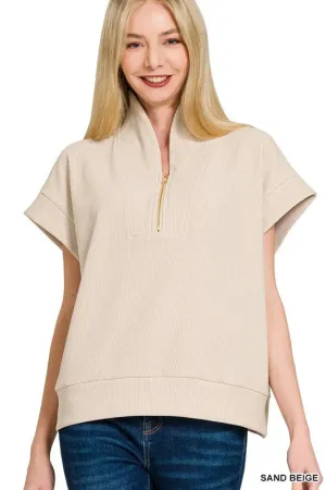 Zenana Ribbed High Neck Half Zip Top