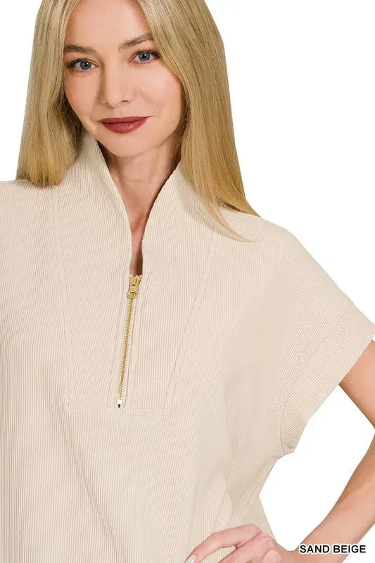 Zenana Ribbed High Neck Half Zip Top