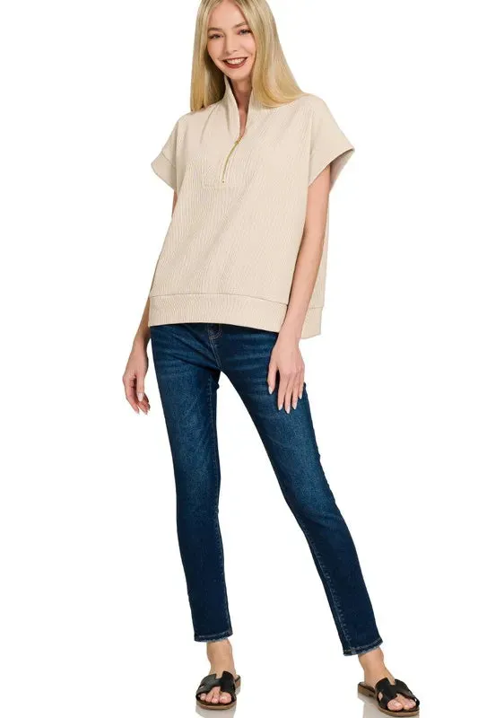Zenana Ribbed High Neck Half Zip Top