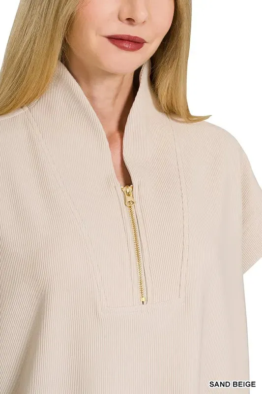 Zenana Ribbed High Neck Half Zip Top