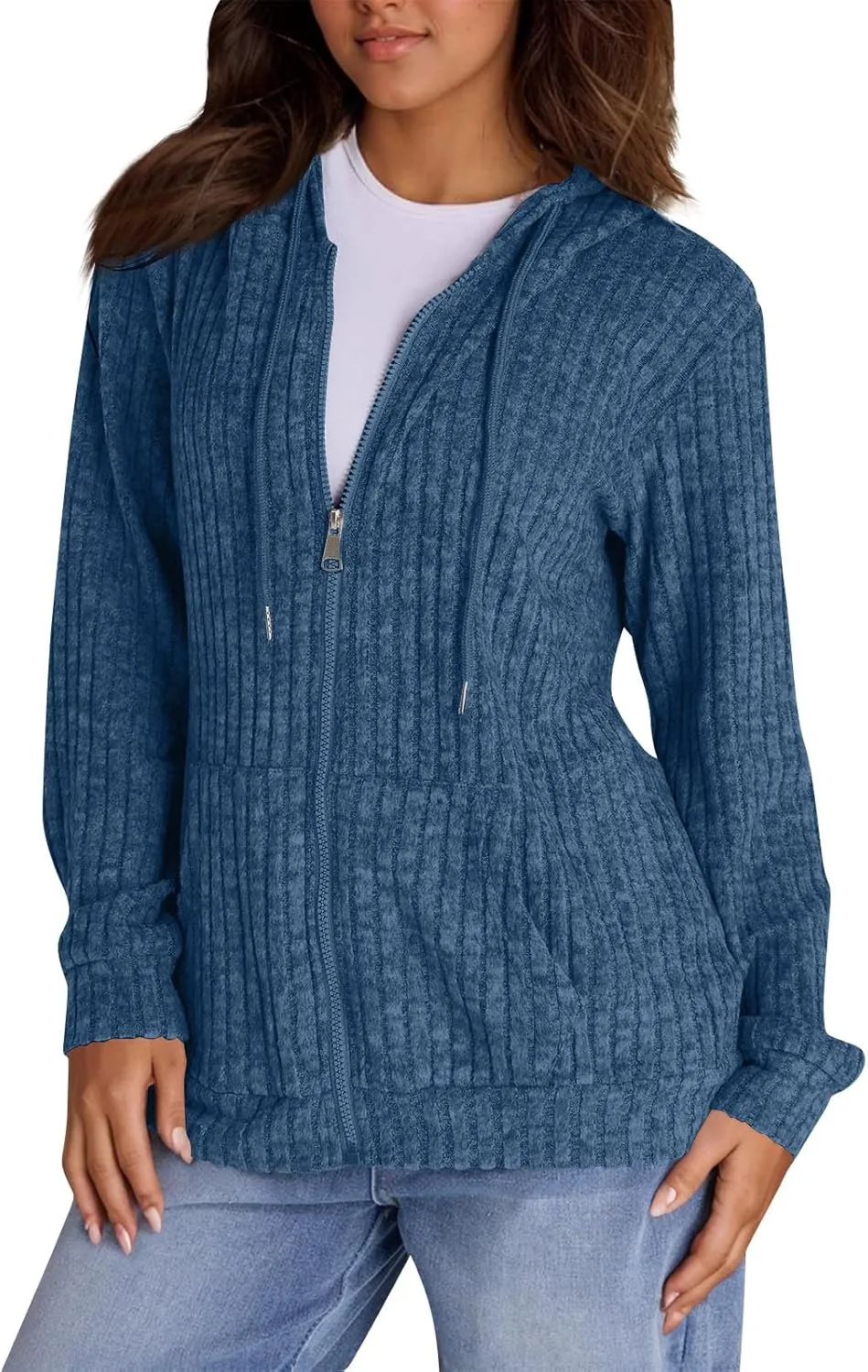 Zip Up Hoodie Women Knitted Lightweight Sweaters Workout Oversized Sweatshirt Open Front Cardigan with Pockets