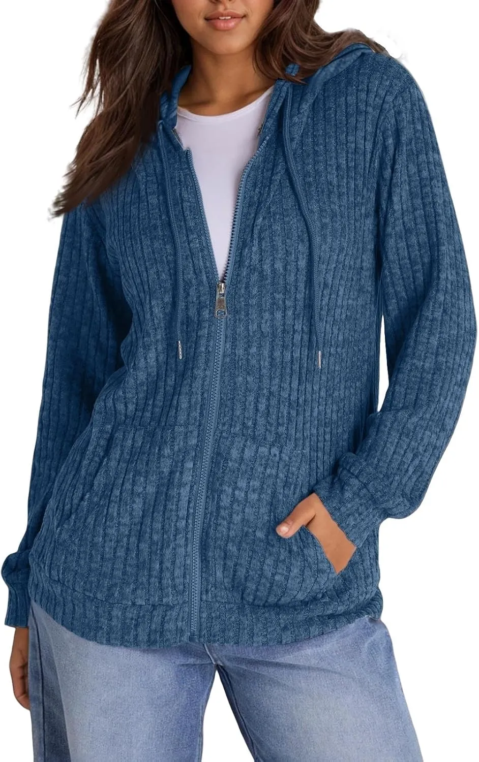 Zip Up Hoodie Women Knitted Lightweight Sweaters Workout Oversized Sweatshirt Open Front Cardigan with Pockets