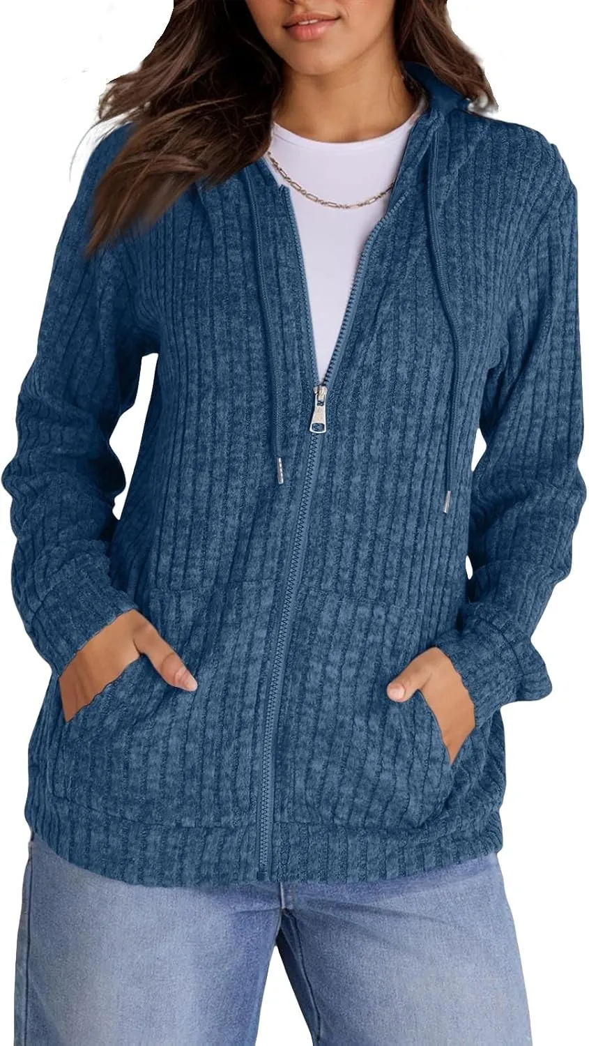 Zip Up Hoodie Women Knitted Lightweight Sweaters Workout Oversized Sweatshirt Open Front Cardigan with Pockets