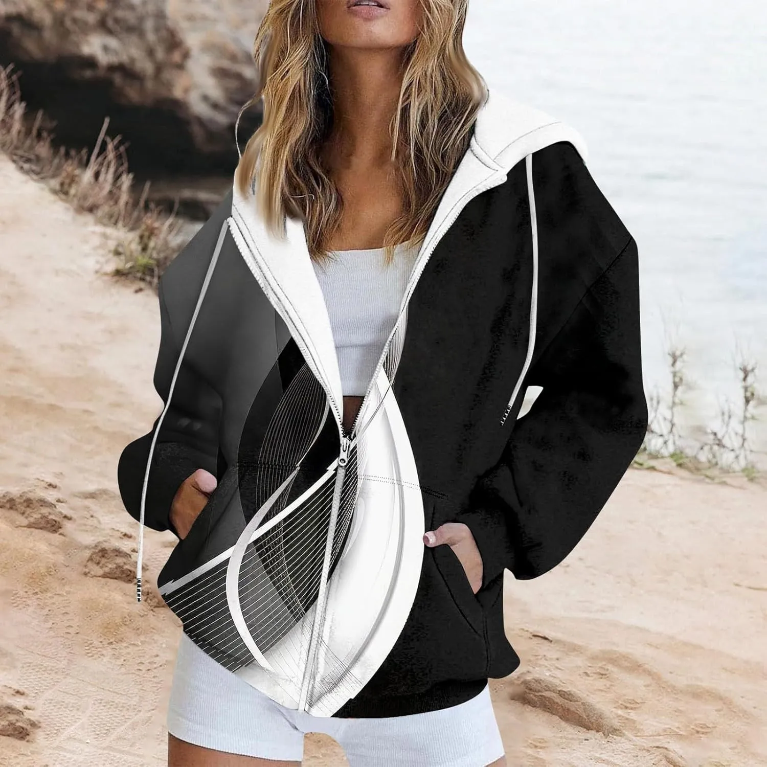 Zip Up Hoodie Women Oversized Fall Outfits Sweaters Lightweight Long Sleeve Sweatershirts with Pockets