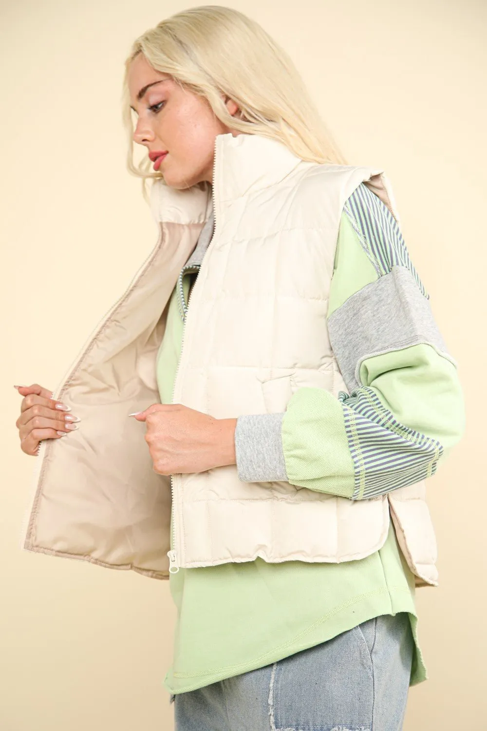 Zip Up Quilted Puffer Vest in Ivory